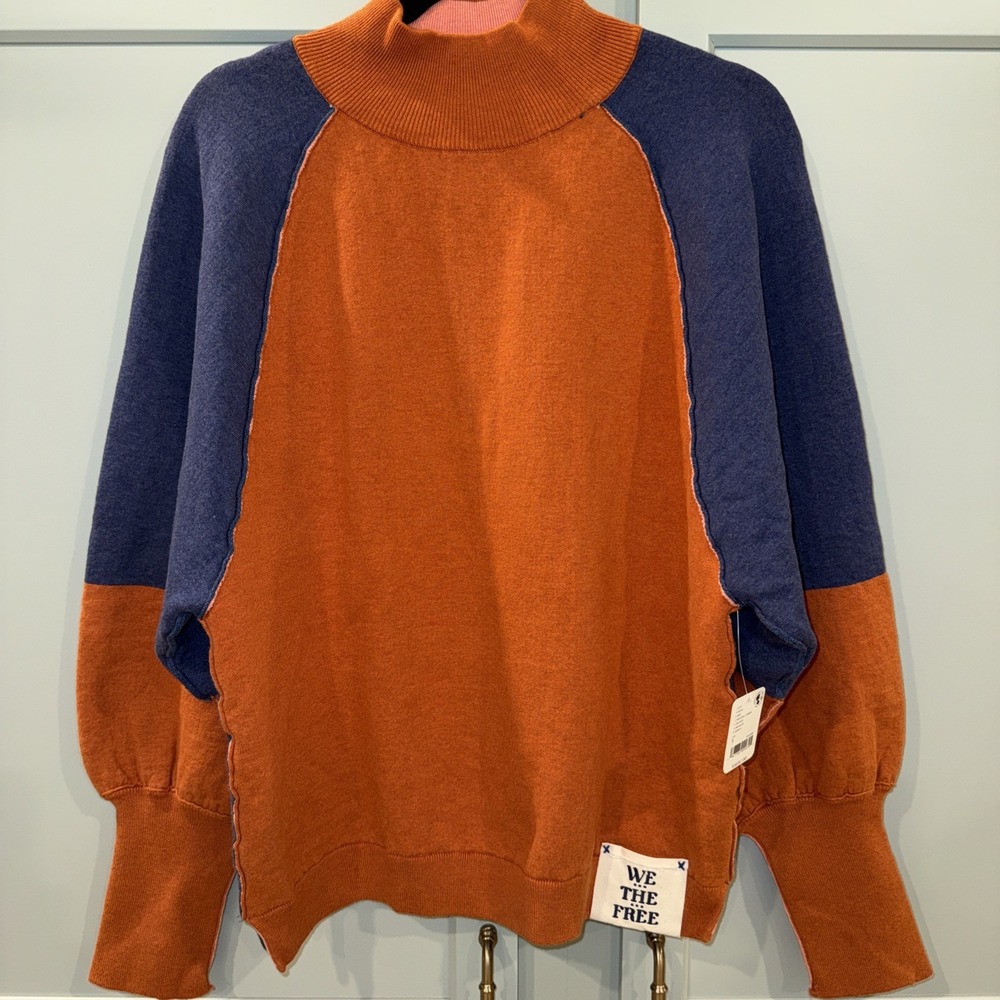 Free People WE THE FREE Dayton Pullover Women's S Orange Blue Heavyweight Fleece
